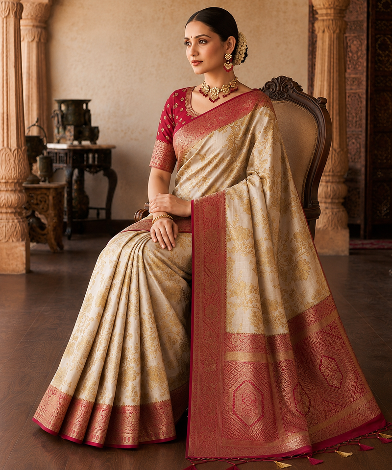 White-Red Color Binni Weaving Jari Jaqurad Jaal Design Viscose Dola Silk Pattu Saree