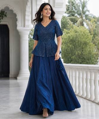 Blue Fendy Satin Embroidered Lehenga Choli Set 1