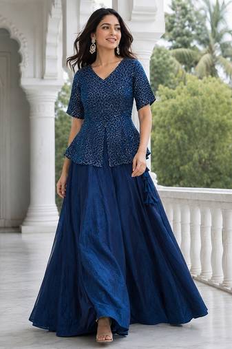 Blue Fendy Satin Embroidered Lehenga Choli Set