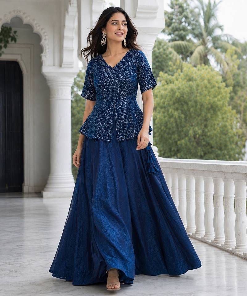 Blue Fendy Satin Embroidered Lehenga Choli Set