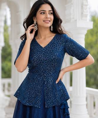 Blue Fendy Satin Embroidered Lehenga Choli Set 2