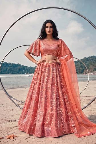 Peach Premium Butterfly Net Sequins Embroidered Lehenga Choli Set