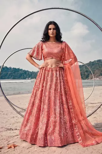 Peach Premium Butterfly Net Sequins Embroidered Lehenga Choli Set