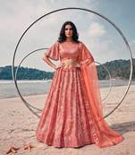 Peach Premium Butterfly Net Sequins Embroidered Lehenga Choli Set