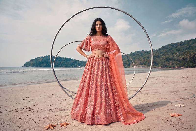 Peach Premium Butterfly Net Sequins Embroidered Lehenga Choli Set
