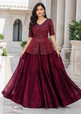Maroon Fendy Satin Embroidered Lehenga Choli Set 1