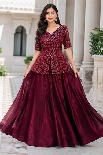 Maroon Fendy Satin Embroidered Lehenga Choli Set
