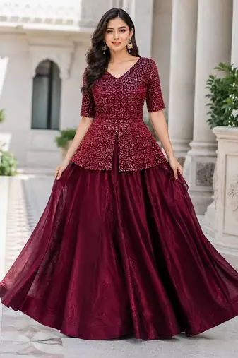 Maroon Fendy Satin Embroidered Lehenga Choli Set