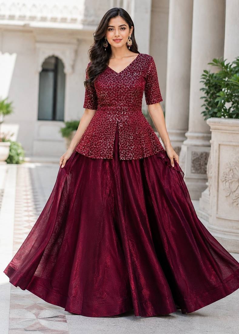 Maroon Fendy Satin Embroidered Lehenga Choli Set
