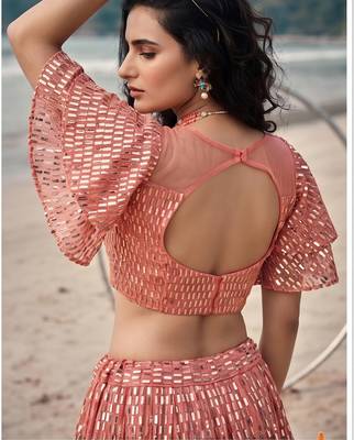 Peach Premium Butterfly Net Sequins Embroidered Lehenga Choli Set 2