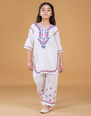 Girls white floral embroidered chikankari pure cotton kids kurti & palazzo set 1