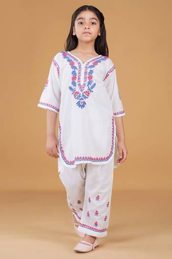 Girls white floral embroidered chikankari pure cotton kids kurti & palazzo set