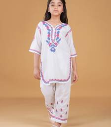 Girls white floral embroidered chikankari pure cotton kids kurti & palazzo set