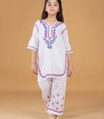 Girls white floral embroidered chikankari pure cotton kids kurti & palazzo set
