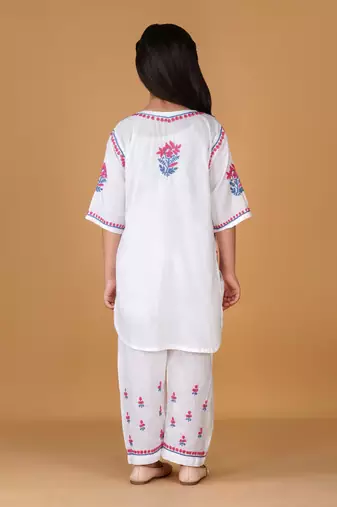 Girls white floral embroidered chikankari pure cotton kids kurti & palazzo set