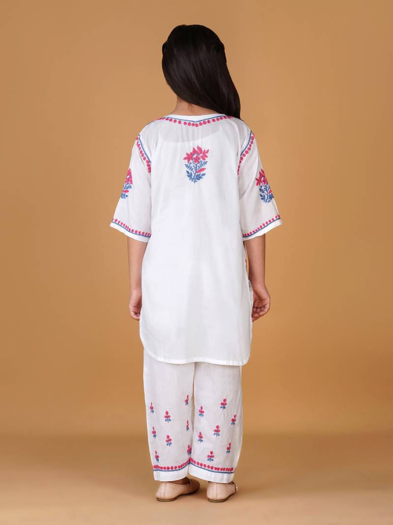Girls white floral embroidered chikankari pure cotton kids kurti & palazzo set