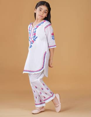 Girls white floral embroidered chikankari pure cotton kids kurti & palazzo set 3