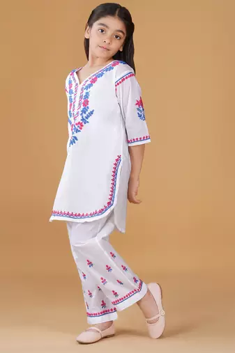 Girls white floral embroidered chikankari pure cotton kids kurti & palazzo set