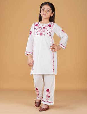 Girls white floral embroidered chikankari pure cotton tie-up kurti & palazzo set for kids 1