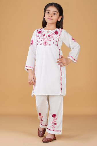 Girls white floral embroidered chikankari pure cotton tie-up kurti & palazzo set for kids