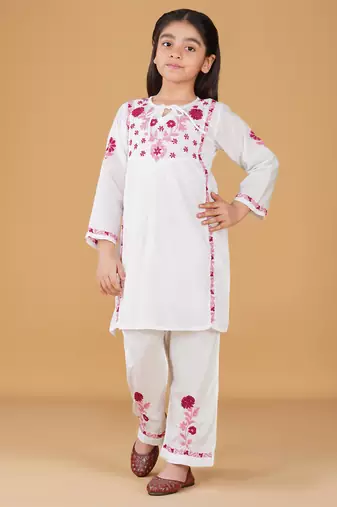Girls white floral embroidered chikankari pure cotton tie-up kurti & palazzo set for kids