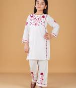 Girls white floral embroidered chikankari pure cotton tie-up kurti & palazzo set for kids
