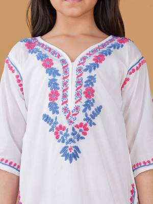 Girls white floral embroidered chikankari pure cotton kids kurti & palazzo set 4