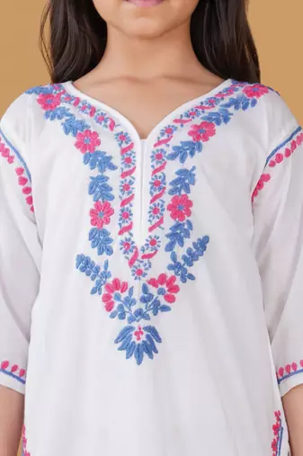 Girls white floral embroidered chikankari pure cotton kids kurti & palazzo set