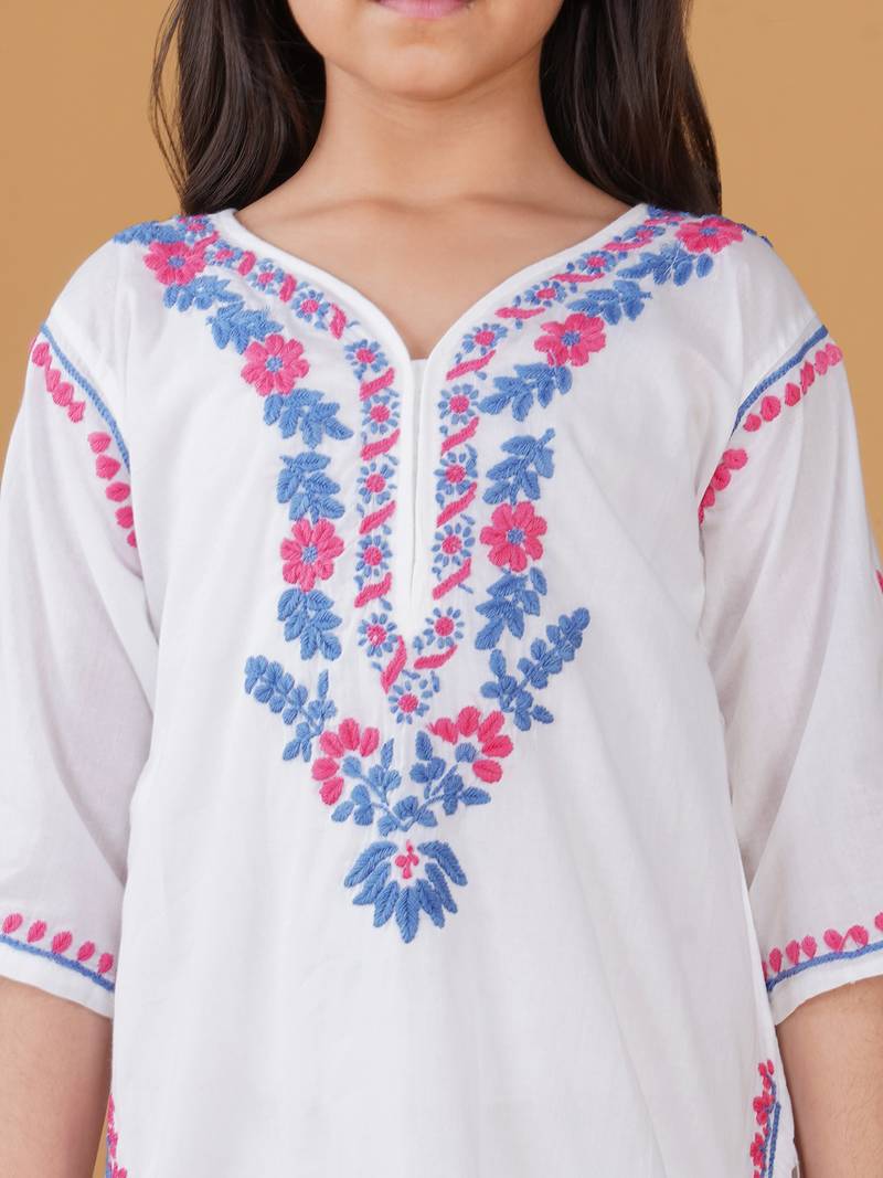 Girls white floral embroidered chikankari pure cotton kids kurti & palazzo set