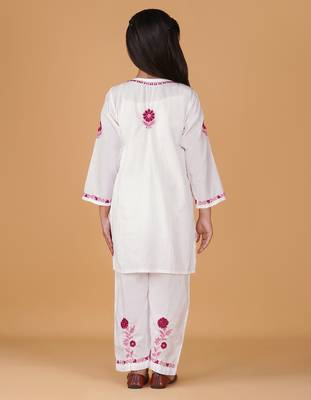 Girls white floral embroidered chikankari pure cotton tie-up kurti & palazzo set for kids 2
