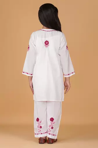Girls white floral embroidered chikankari pure cotton tie-up kurti & palazzo set for kids