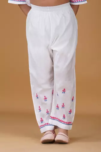 Girls white floral embroidered chikankari pure cotton kids kurti & palazzo set
