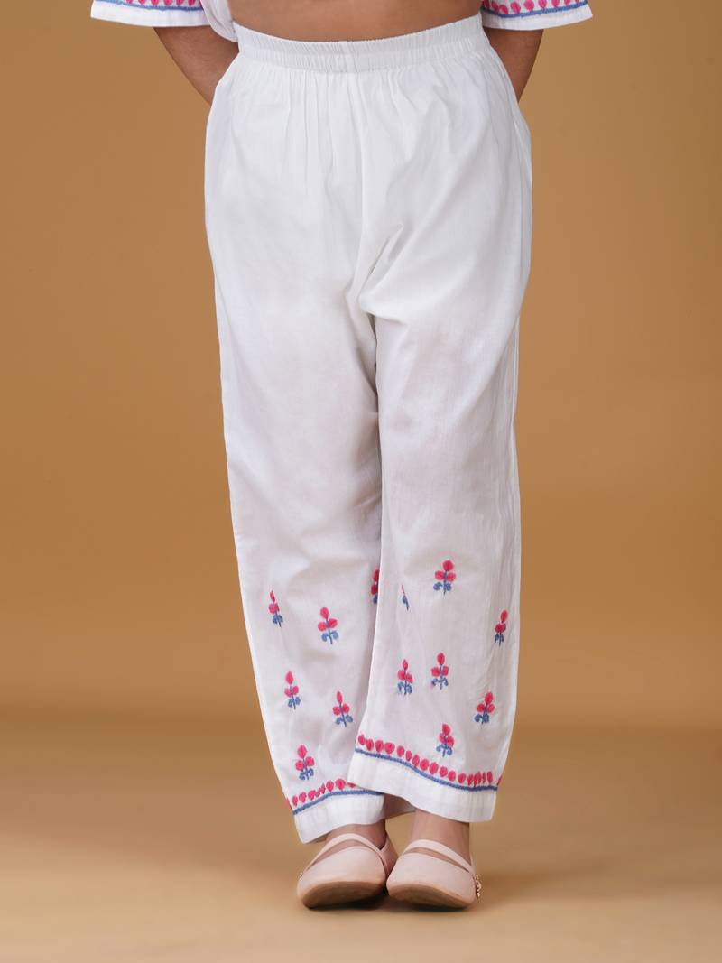 Girls white floral embroidered chikankari pure cotton kids kurti & palazzo set