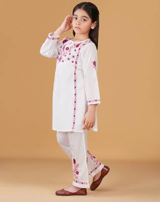 Girls white floral embroidered chikankari pure cotton tie-up kurti & palazzo set for kids 3