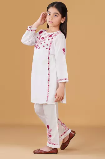 Girls white floral embroidered chikankari pure cotton tie-up kurti & palazzo set for kids