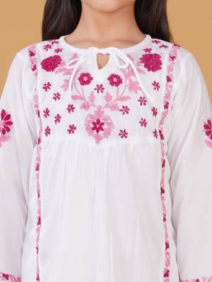 Girls white floral embroidered chikankari pure cotton tie-up kurti & palazzo set for kids 4