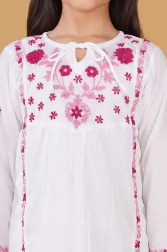 Girls white floral embroidered chikankari pure cotton tie-up kurti & palazzo set for kids