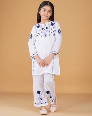 Girls white floral embroidered chikankari pure cotton tie-up kurti & palazzo set for kids 1