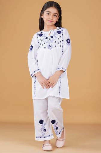 white floral embroidered chikankari cotton tie-up kurti & palazzo set