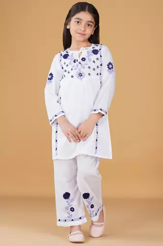 Girls white floral embroidered chikankari pure cotton tie-up kurti & palazzo set for kids
