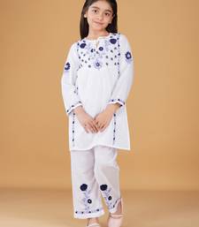 Girls white floral embroidered chikankari pure cotton tie-up kurti & palazzo set for kids