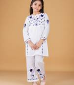 Girls white floral embroidered chikankari pure cotton tie-up kurti & palazzo set for kids