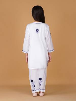 Girls white floral embroidered chikankari pure cotton tie-up kurti & palazzo set for kids 2