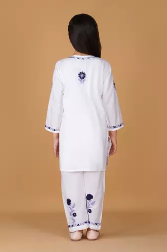 Girls white floral embroidered chikankari pure cotton tie-up kurti & palazzo set for kids