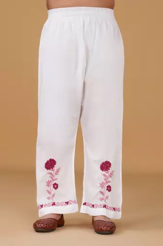Girls white floral embroidered chikankari pure cotton tie-up kurti & palazzo set for kids