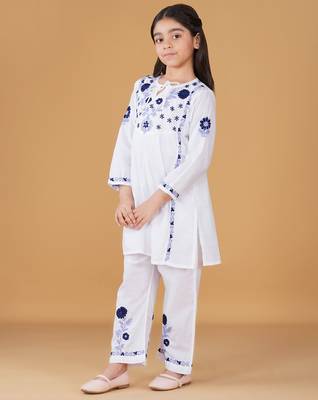 Girls white floral embroidered chikankari pure cotton tie-up kurti & palazzo set for kids 3