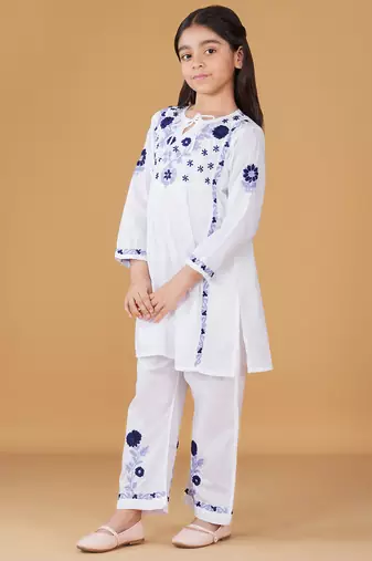 Girls white floral embroidered chikankari pure cotton tie-up kurti & palazzo set for kids