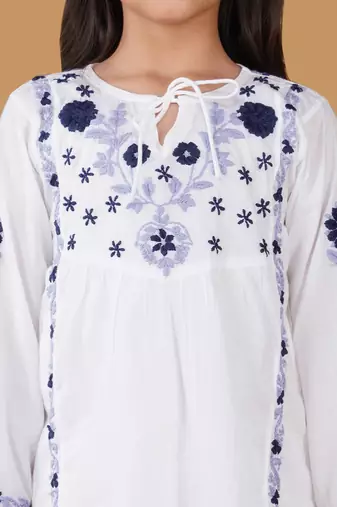 Girls white floral embroidered chikankari pure cotton tie-up kurti & palazzo set for kids