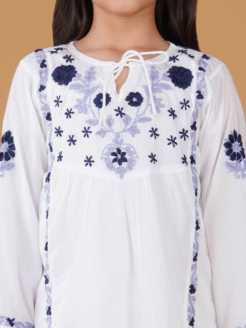 Girls white floral embroidered chikankari pure cotton tie-up kurti & palazzo set for kids