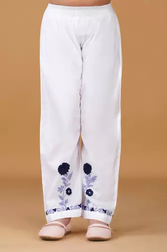Girls white floral embroidered chikankari pure cotton tie-up kurti & palazzo set for kids